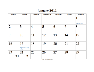 January 2011 Calendar Calendar