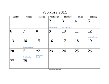 February 2011 Calendar Calendar