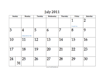 July 2011 Calendar Calendar