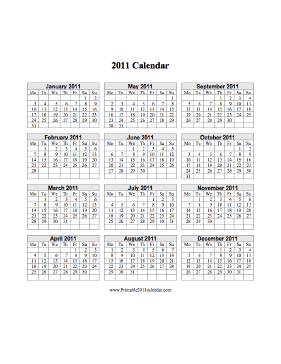 2011 Calendar on one page (vertical, week starts on Monday) Calendar