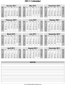 2011 Calendar on one page (vertical, shaded weekends, notes) calendar