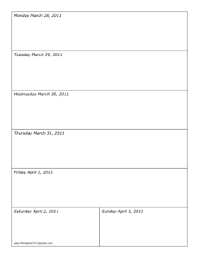 Calendar for Week of 03/28/2011 Calendar