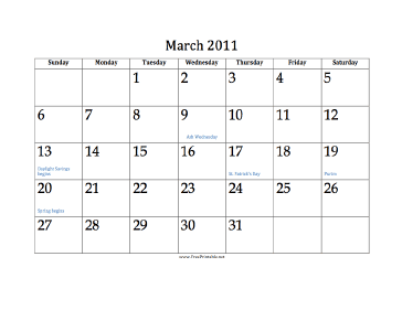 March 2011 Calendar Calendar