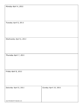 Calendar for Week of 04/04/2011 Calendar