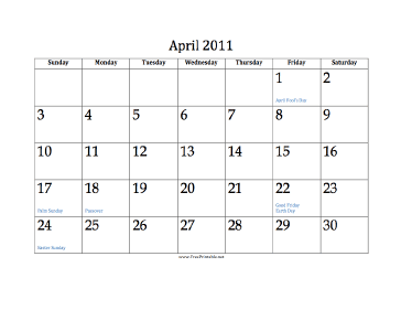 April 2011 Calendar Calendar