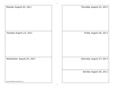 Calendar for Week of 08/22/2011 (landscape) Calendar