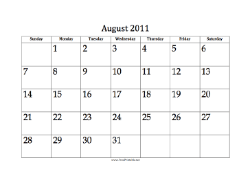 August 2011 Calendar Calendar