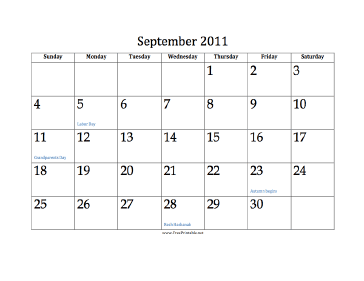 September 2011 Calendar Calendar