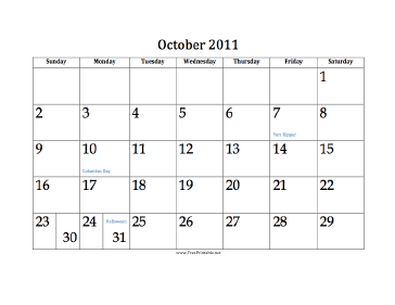 October 2011 Calendar Calendar