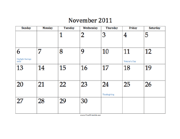 November 2011 Calendar Calendar