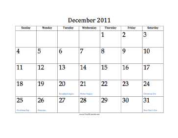 December 2011 Calendar Calendar