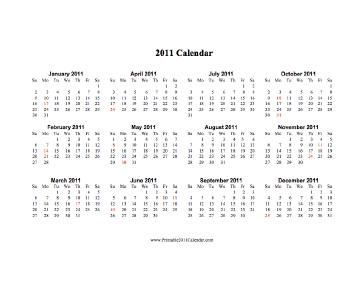 2011 Calendar (horizontal, descending, holidays in red) Calendar