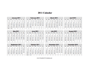 2011 Calendar on one page (horizontal grid) Calendar