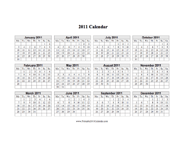 2011 Calendar on one page (horizontal, week starts on Monday) Calendar
