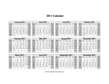2011 Calendar on one page (horizontal, shaded weekends) Calendar