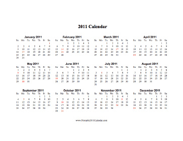 2011 Calendar on one page (horizontal, holidays in red) Calendar