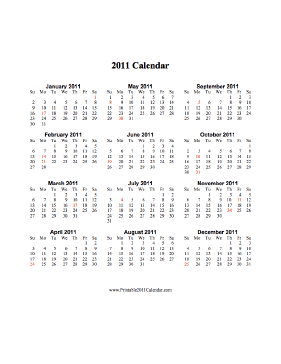 2011 Calendar (vertical, descending, holidays in red) Calendar