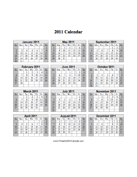 2011 Calendar on one page (vertical, shaded weekends) Calendar