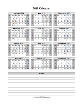 2011 Calendar on one page (vertical, shaded weekends, notes) Calendar