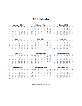 2011 Calendar on one page (vertical, holidays in red) Calendar