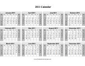 2011 Calendar on one page (horizontal, shaded weekends) calendar