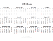 2011 Calendar on one page (horizontal, holidays in red) calendar
