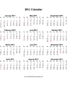 2011 Calendar (vertical, descending, holidays in red) calendar