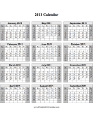 2011 Calendar on one page (vertical, shaded weekends) calendar